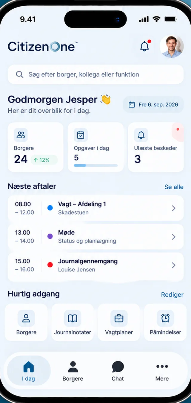 CitizenOne on an iPhone: the Today screen with the day's appointments, tasks and quick access.