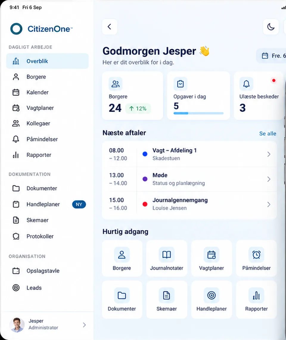 CitizenOne on an iPad: the sidebar with modules on the left and the day's overview with appointments and quick access on the right.