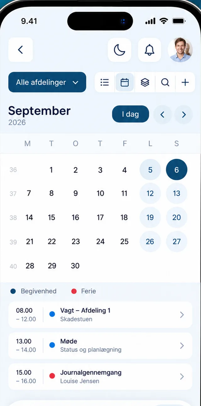 The calendar in the CitizenOne app with a month view and the day's shifts and meetings.