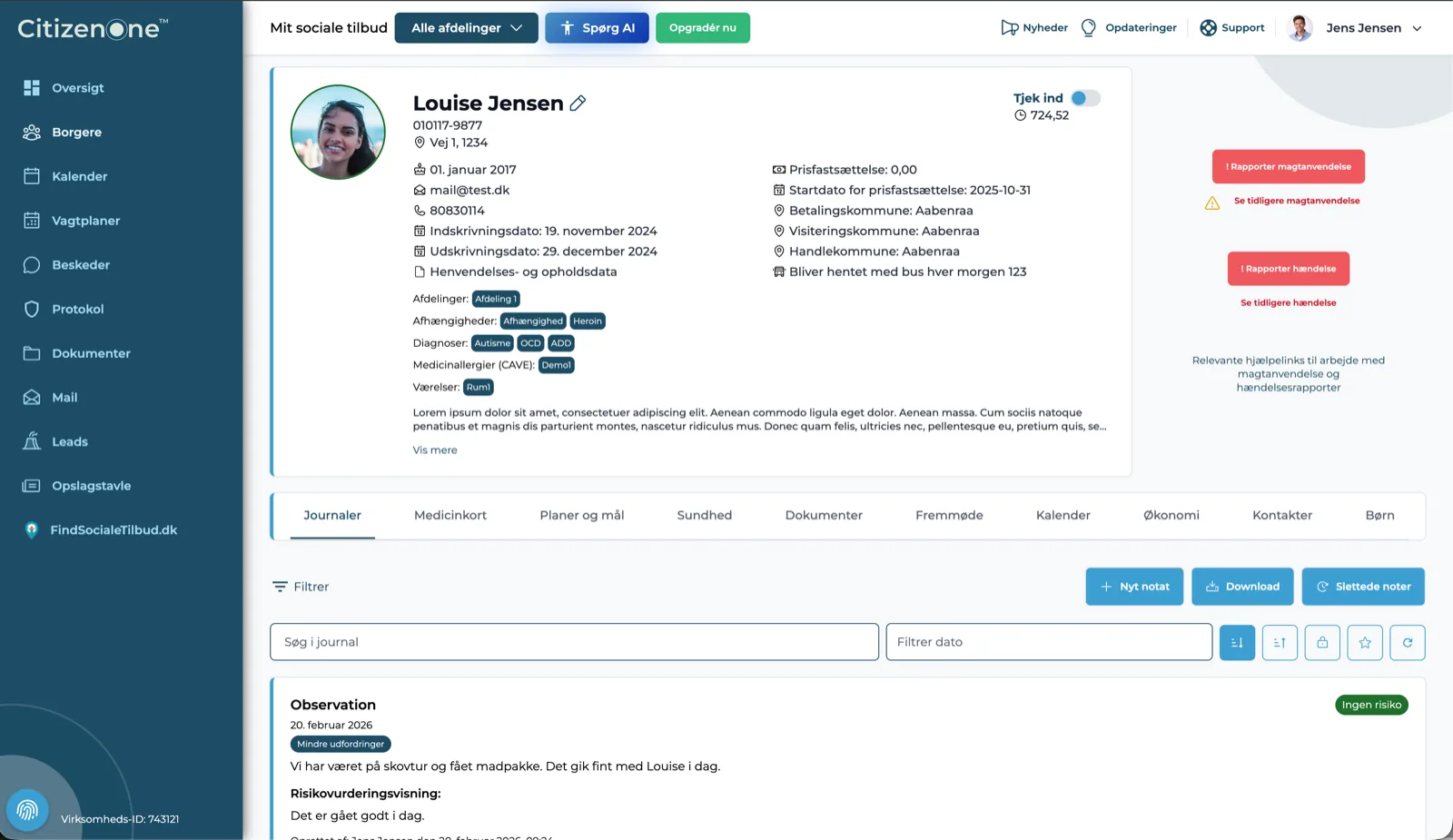 CitizenOne on a computer: the citizen record with personal details, tabs and journal notes.